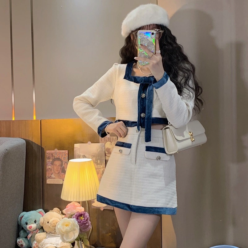 Velvet Patchwork Short Jacket Top Skirt Western Style Fashion Suit