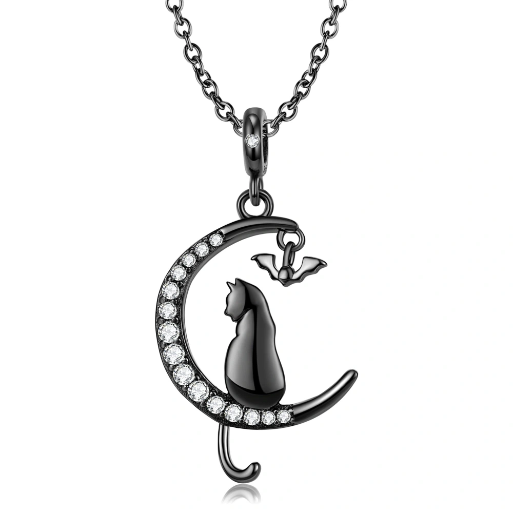 Simple Black Moon Cat Girl Fashion Versatile S925 Sterling Silver Zirconium Necklace