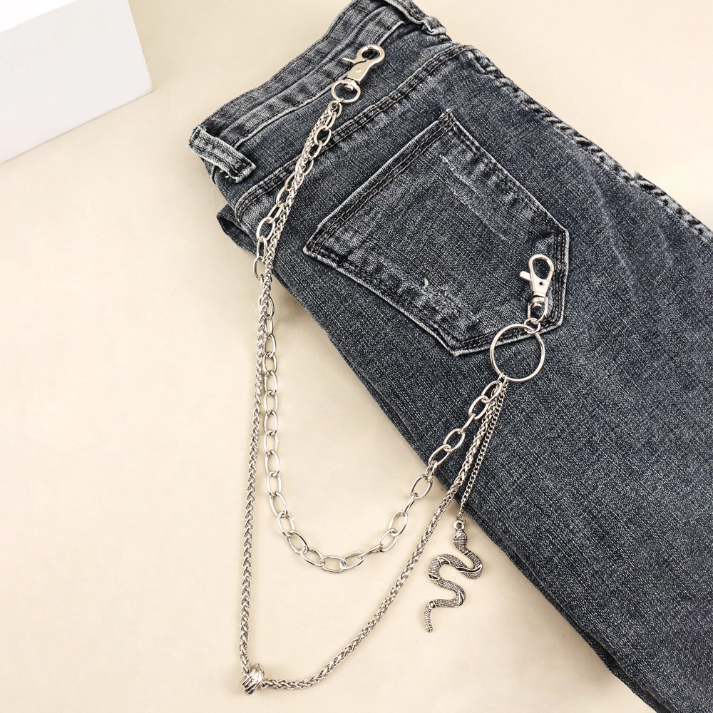 Double Silver Serpentine Pendant Chain Personality Exaggerated Trend Multi-layer Round Button Silver Chain Nightclub Wear Hip-hop Jeans Accessories