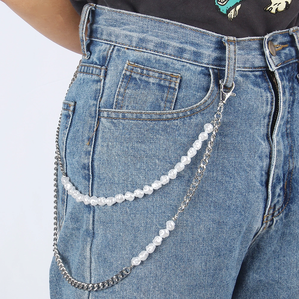 Fashion Trend Double Metal Silver Pearl Stitching Pants Chain Versatile Jeans Hip-hop Chain Accessories