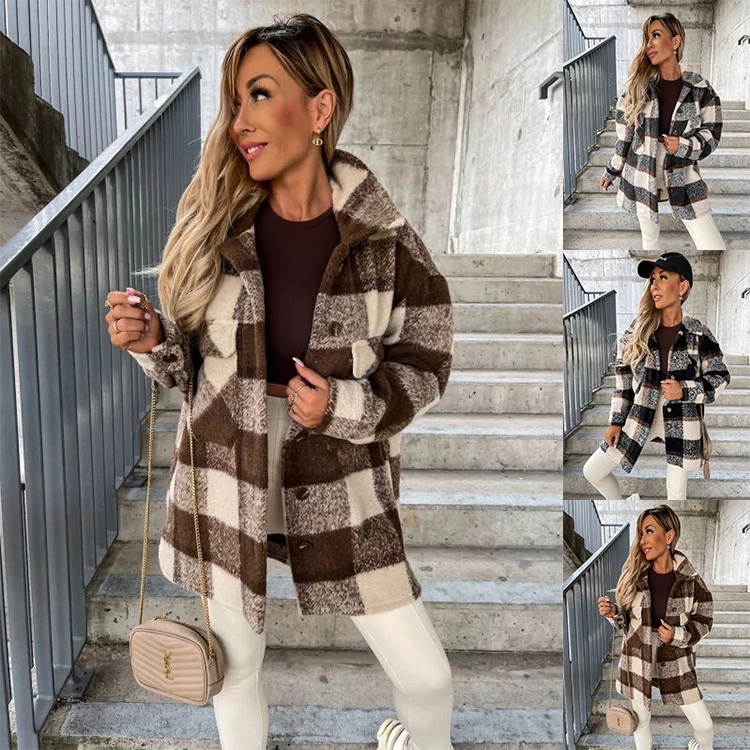 New Gingham Check Mid-length Long Sleeve One Breasted Shirt Coat