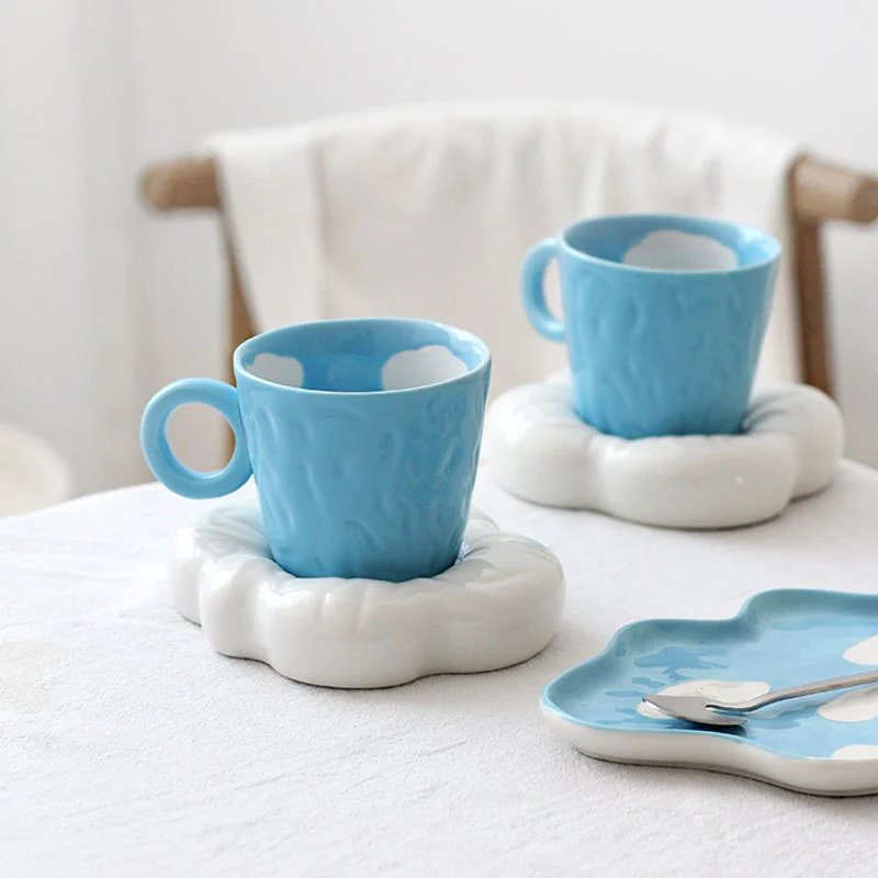 Hand Painted Irregular Blue Sky Clouds Coffee Set