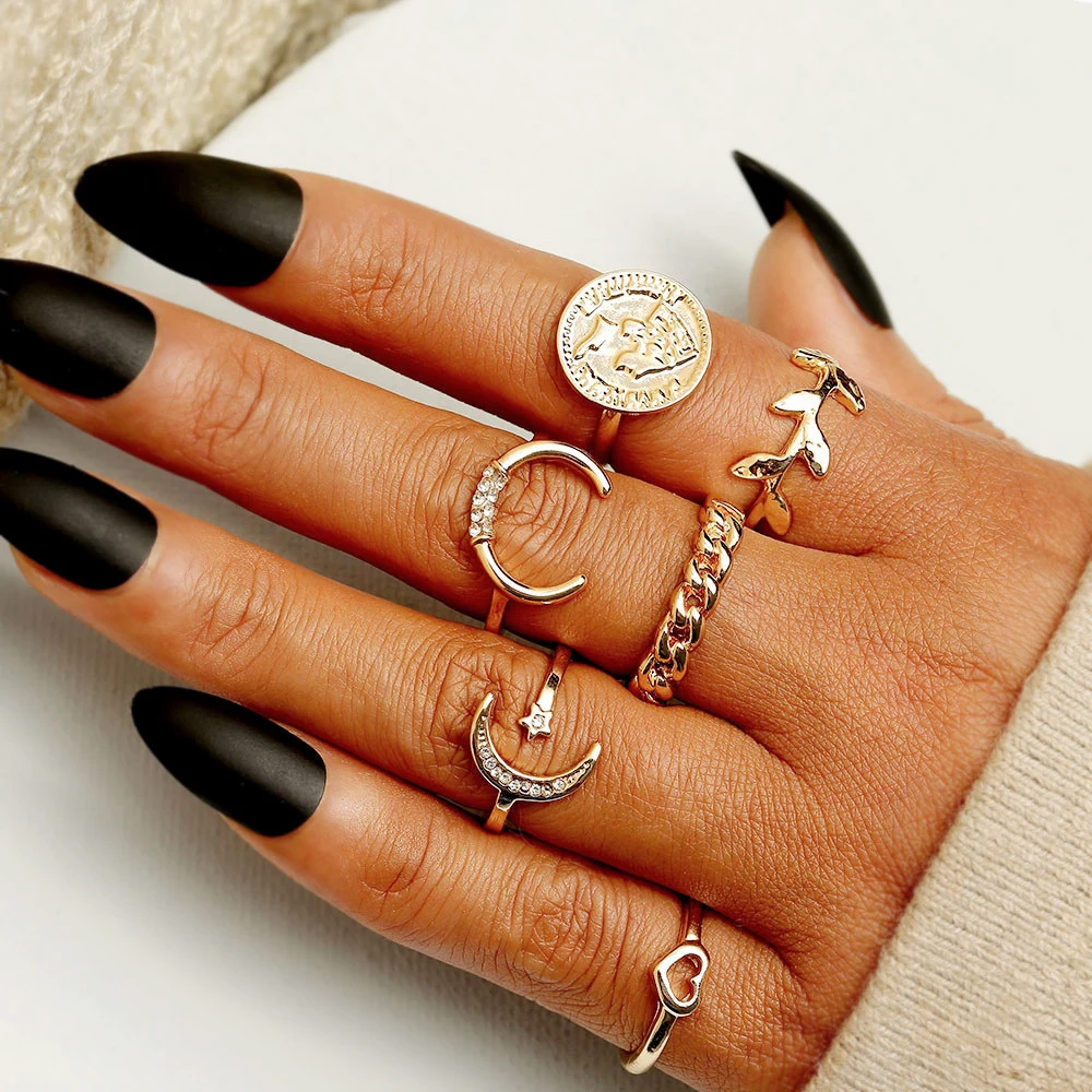 Coin Crescent Leaves Knuckle Ring 6-piece Set