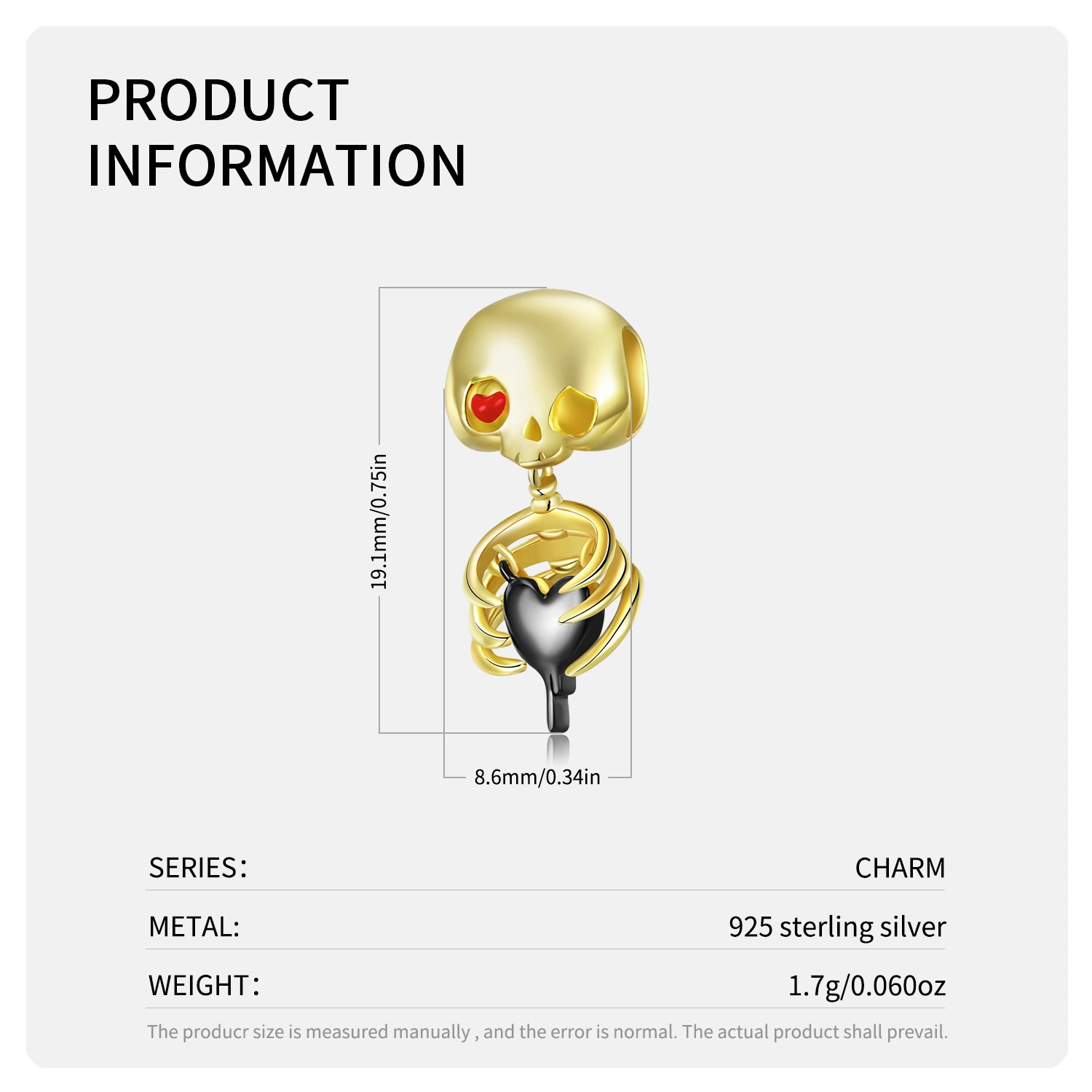 Original Gold-plated Skull Kid Beads Lovely Punk Style 925 Sterling Silver