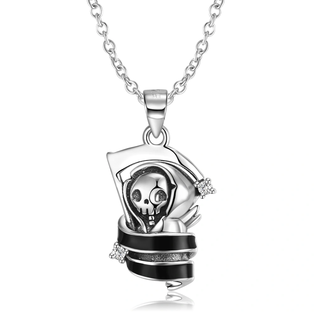 Cute Sickle Skull Pendant S925 Silver Enamel Simple Personality Halloween Necklace Gift