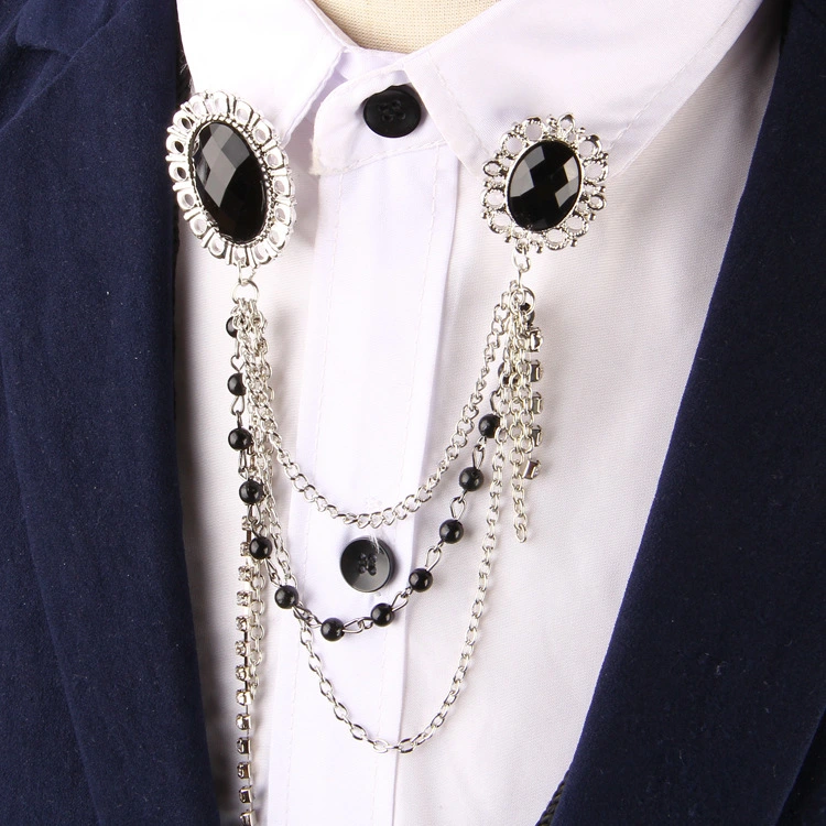 Multilayer Chain Brooch With Black Gem And Diamond Tassel