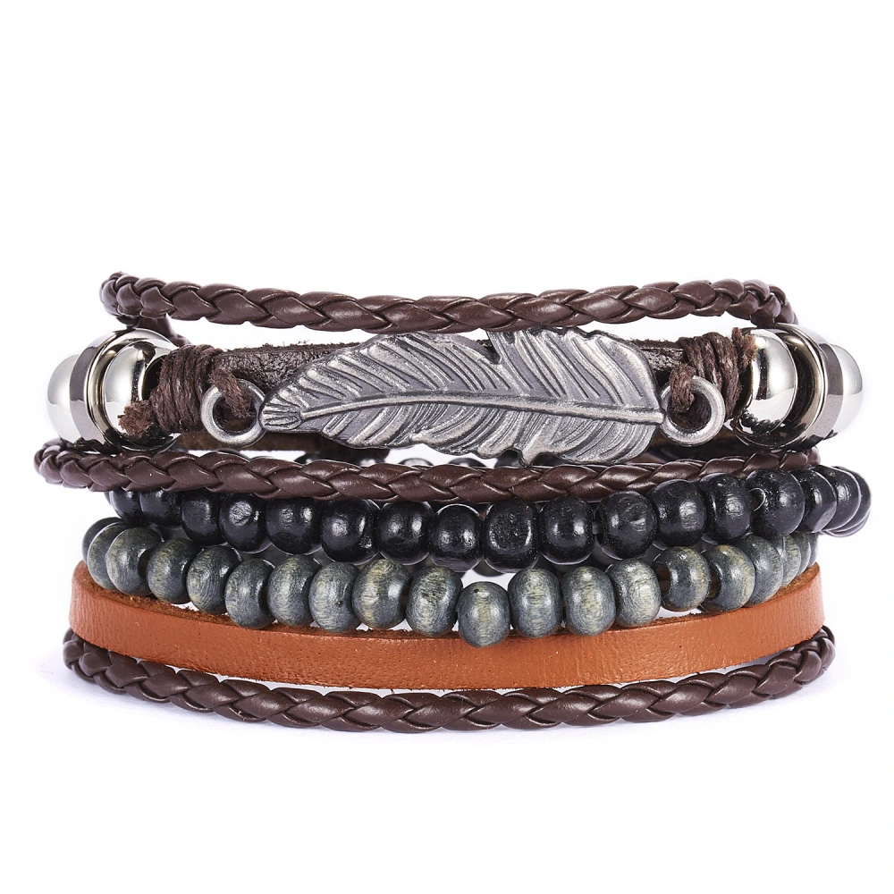 Yiwu Wholesale New Men's Leather Set Bracelet Creative Leaves Wooden Bead Woven Leather Adjustable Set Bracelet