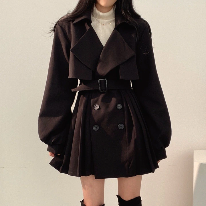 Simple Double-breasted Ribbon Waist Long Sleeve Trench Coat