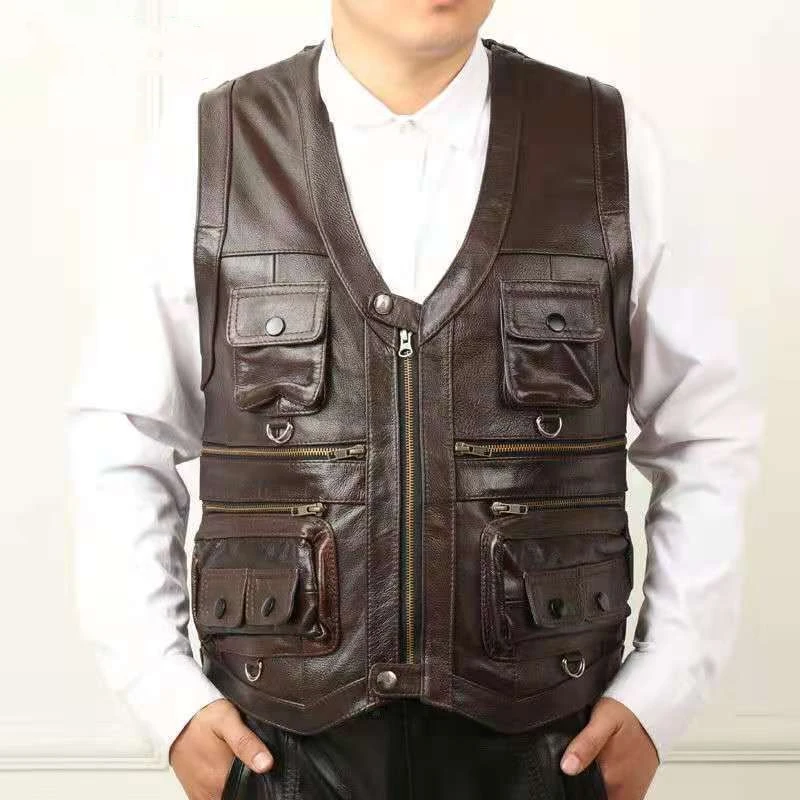 Middle-aged And Elderly Men's Top Layer Cowhide Vest With Multiple Pockets