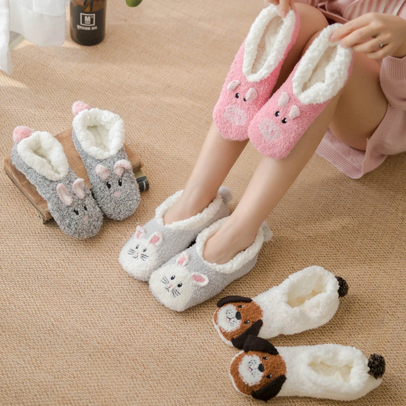 Cartoon Coral Fleece Floor Socks Women's Slippers