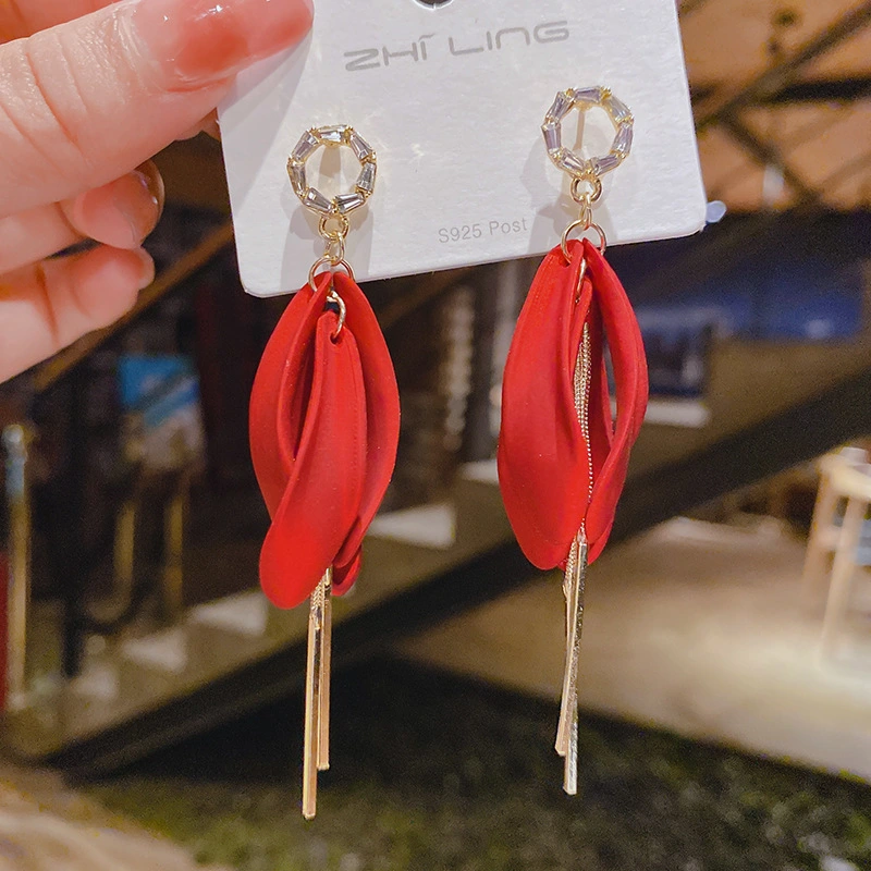 925 Silver Needle Red Copper Earrings Studded With Zircon Women's Long Tassel Earrings New Trendy Korean Online Influencer Earrings