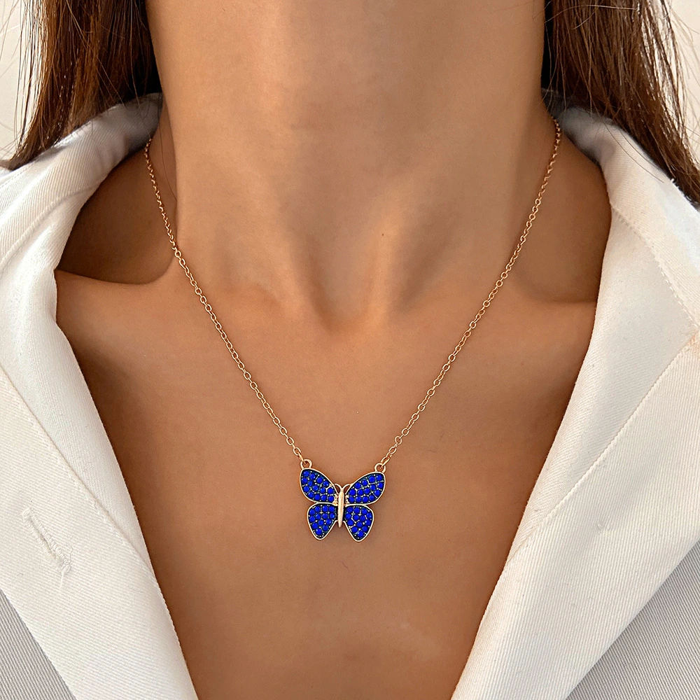 Women's Diamond Color Butterfly Pendant Necklace