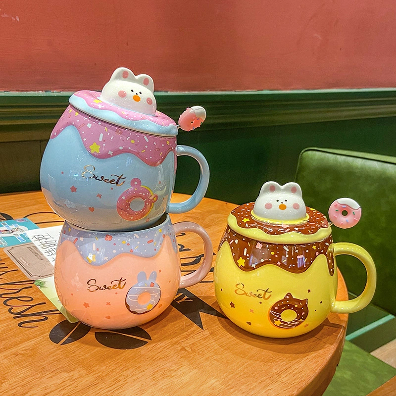 Cartoon Cute Donut Mug With Lid Spoon