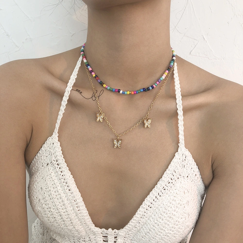 Colorful Bead Double-layer Necklace With Diamond Butterfly