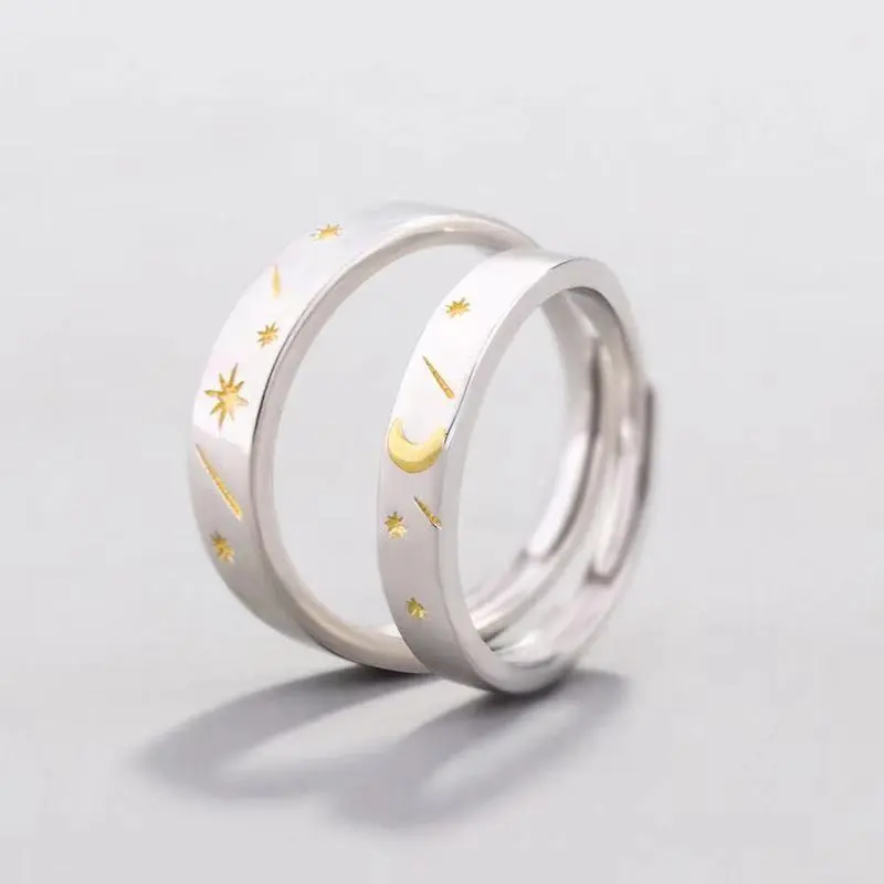 Moon Star S925 Silver Simple Student Men And Women Couple Rings Opening Adjustable