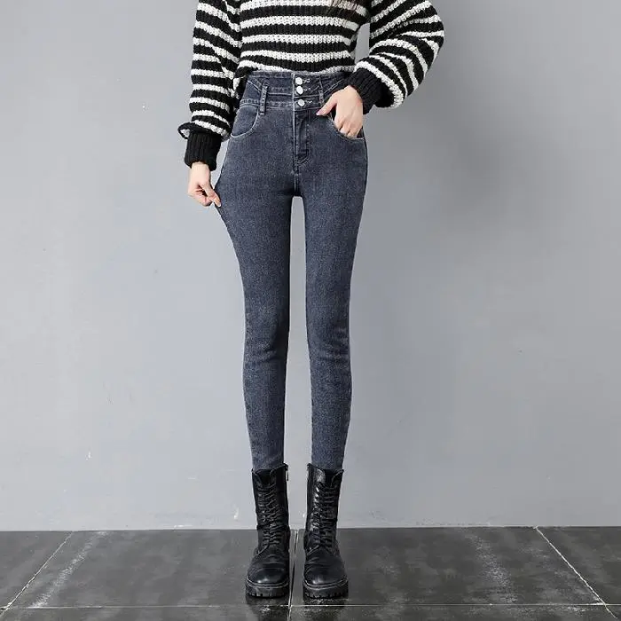 Fleece-lined Thick High Waist Pencil Pants High Elastic Slim Denim Skinny Pants Women