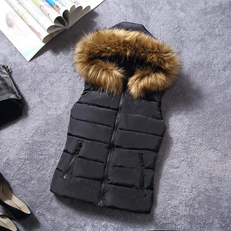 Big Fur Collar Hooded Short Women's Cotton Vest