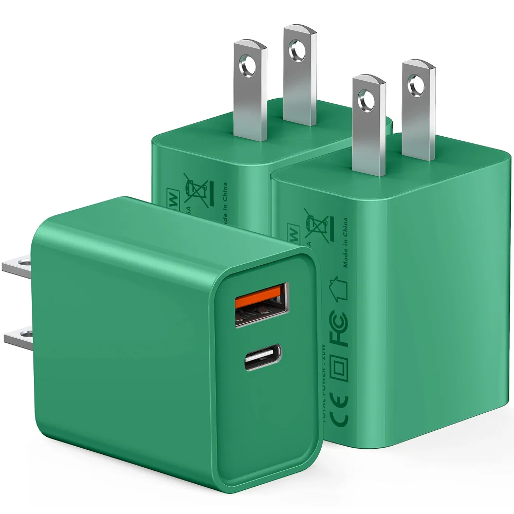 20W USB C Fast Charger, 3Pack Durable Dual Port PD 3.0 with USB A Wall Charger Block for iPhone, iPad Pro, AirPods Pro, Samsung Galaxy, Motorola, LG, Google Pixel Brick Plug Power Adapter(Green)