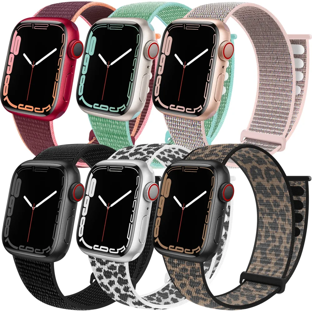 6 Pack Sport Loop Band Compatible with Apple Watch 38mm 40mm 41mm 42mm 44mm 45mm 46mm 49mm for iWatch Ultra Series 10 9 8 7 6 5 SE 4 3 2 1 Strap Nylon Women Men Stretchy Braided Wristband Breathable