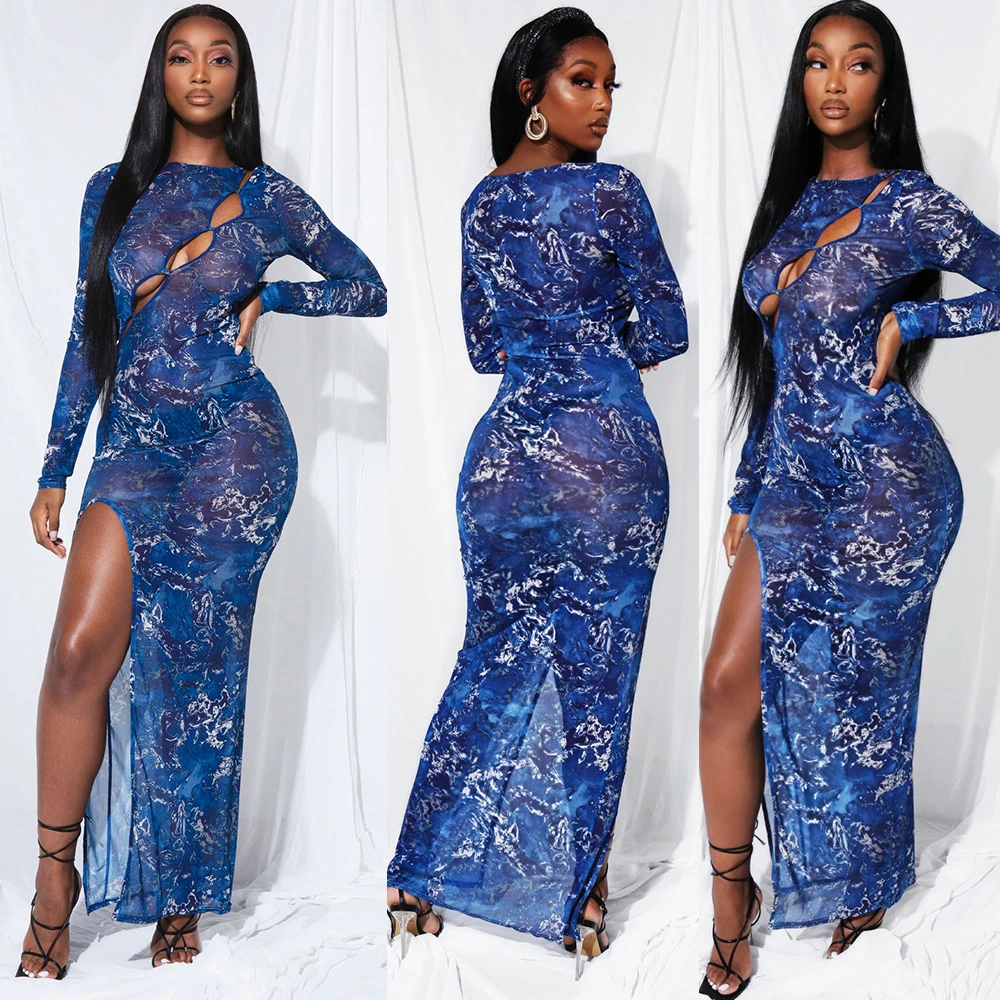 Sexy Mesh See-Through Long-Sleeved Ladies Dress