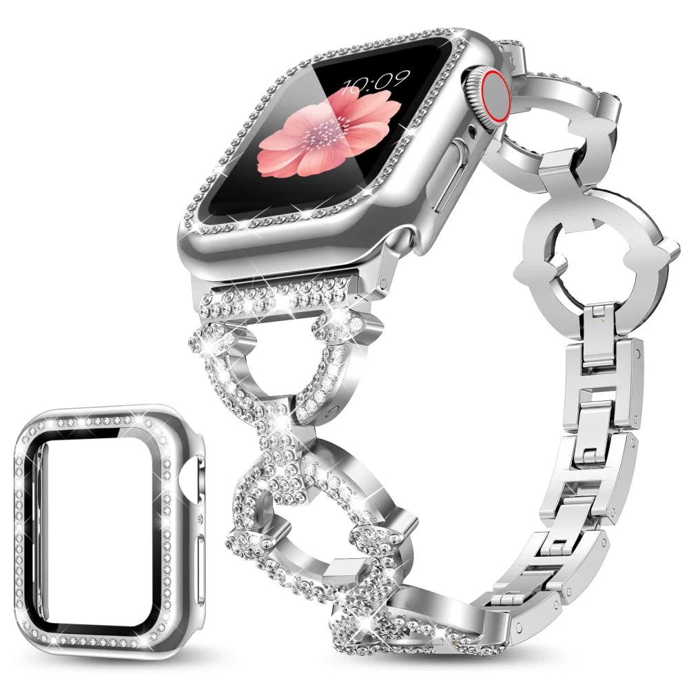 Mesime Compatible with Apple Watch Band 38mm 40mm 41mm 42mm 44mm 45mm 46mm, Women Bling Jewelry Bands with Tempered Glass Screen Protector Case, Shiny Strap for iWatch Series 10/9/8/7/6/5/4/3/2/1/SE