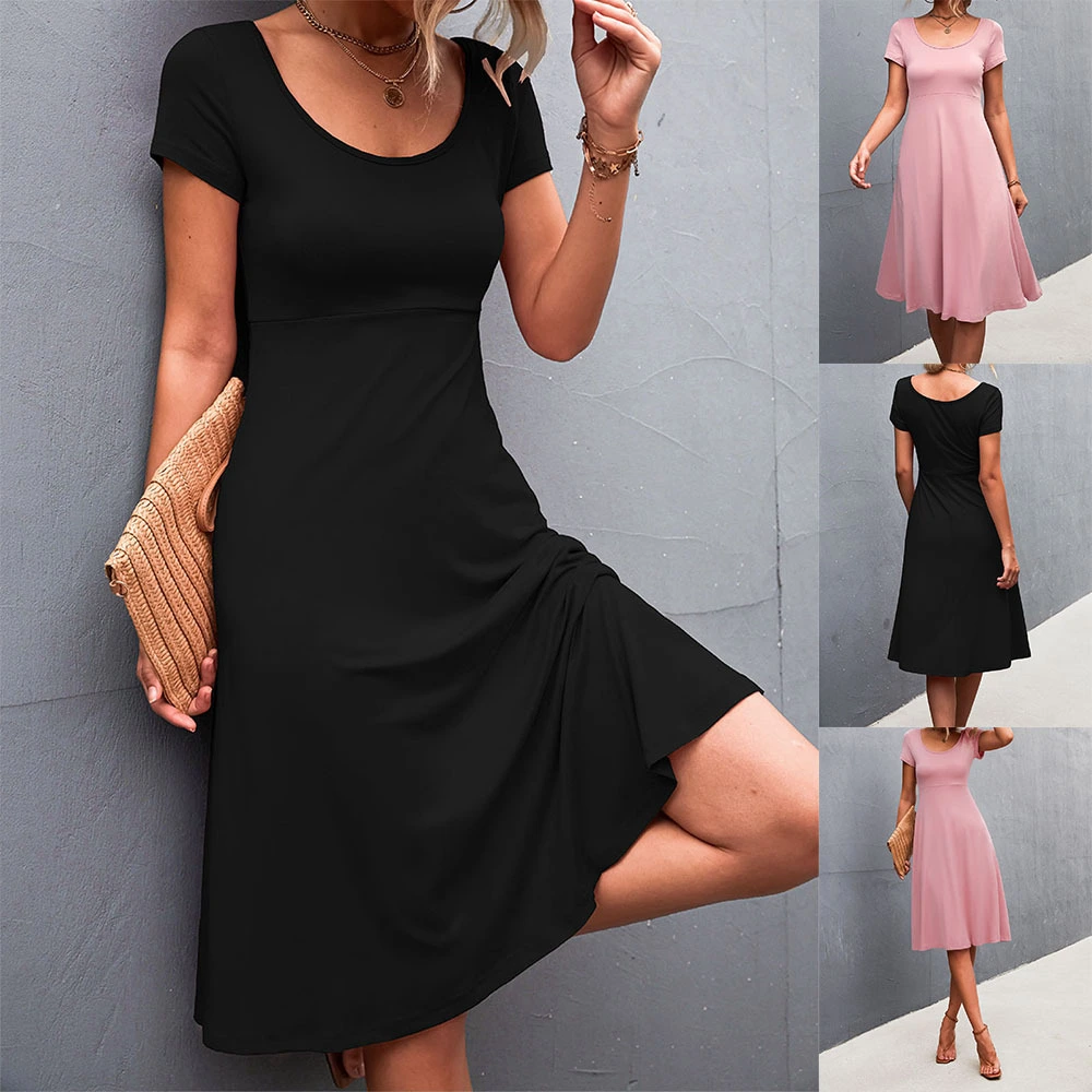 European And American Women's New Solid Color High Waist Casual Pullover Slim A-line Dress