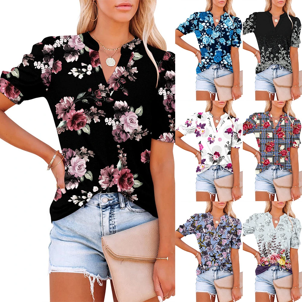 Fashion V-Neck Print Loose Casual Puff Sleeve Pullover Top
