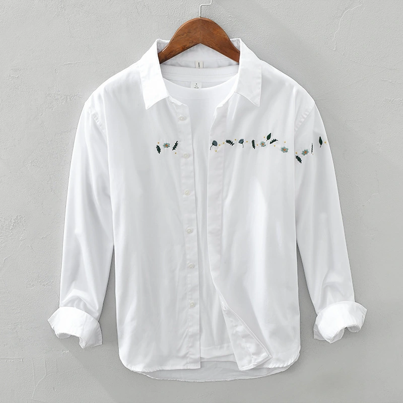 Men Long Sleeve Lapel Embroidered Jacquard Shirt Jacket
