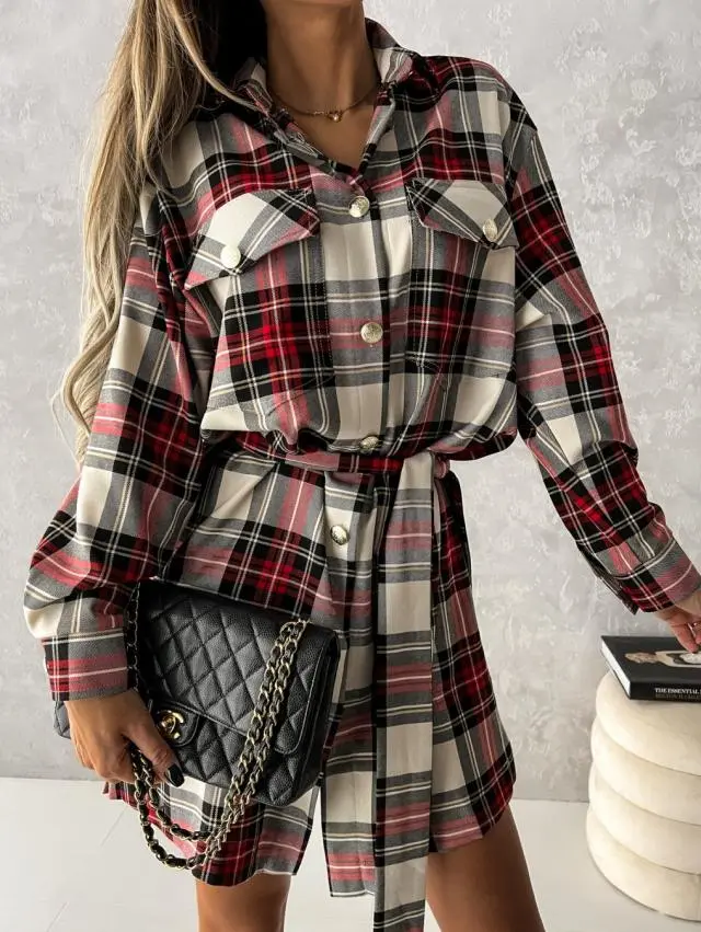 Plaid Tie Waist Long Sleeve Shirt Skirt