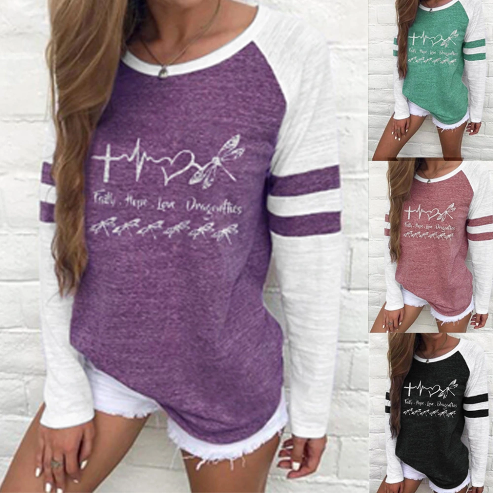 Women's Round Neck Striped Stitching Sleeve Top Letter Print Long Sleeve T-shirt