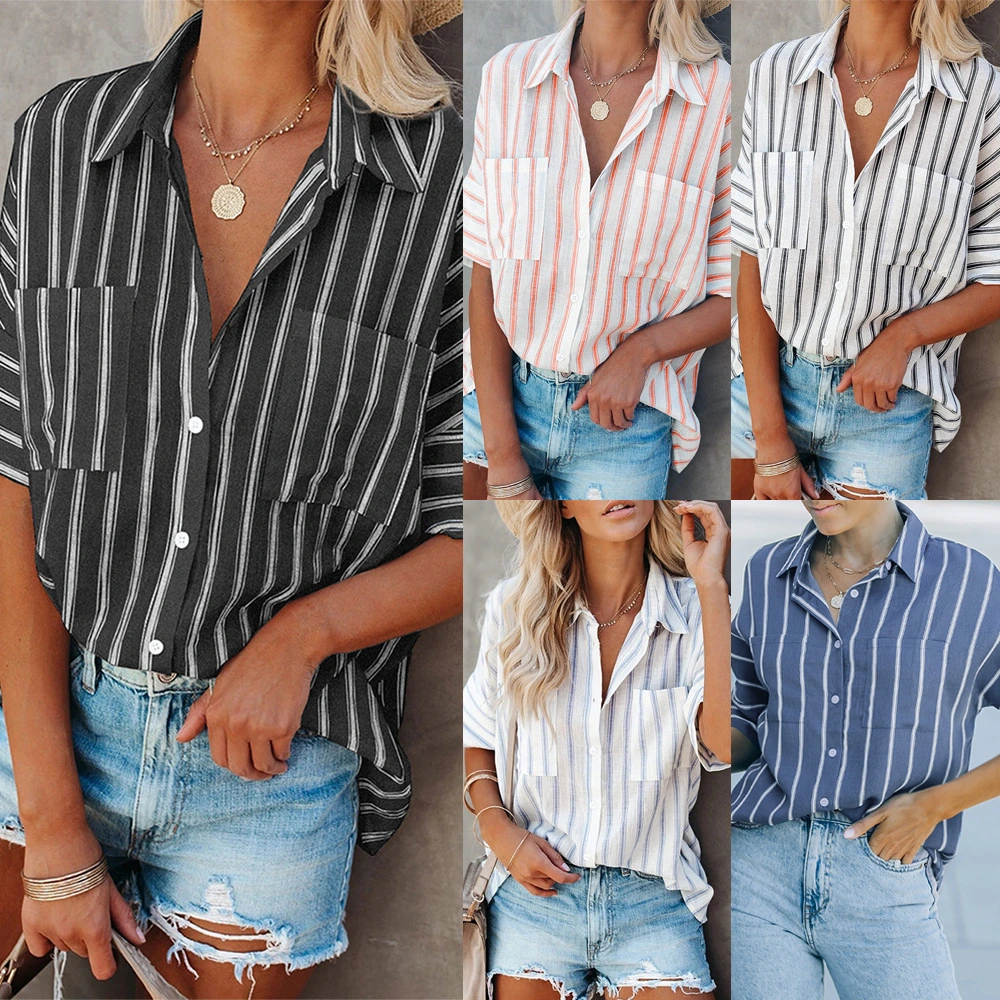 Women's Striped Lapel Short Sleeve Cardigan Single Breasted Casual Shirt