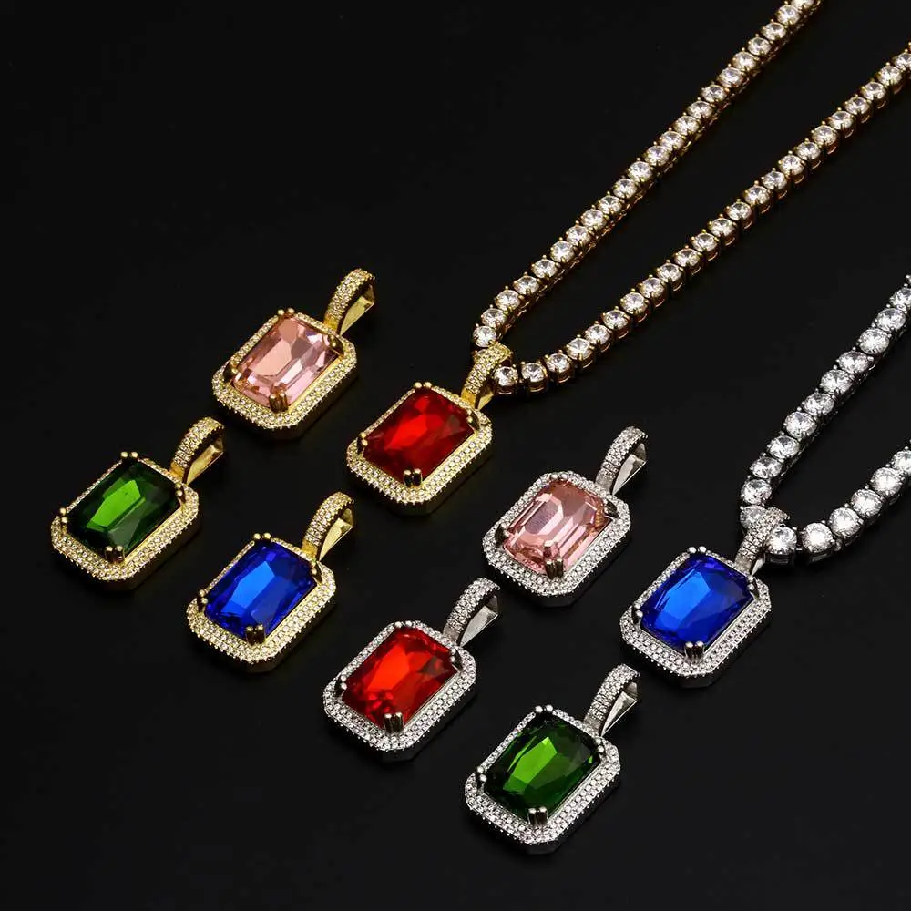 Hip Hop Solid Square Color Stone Necklace