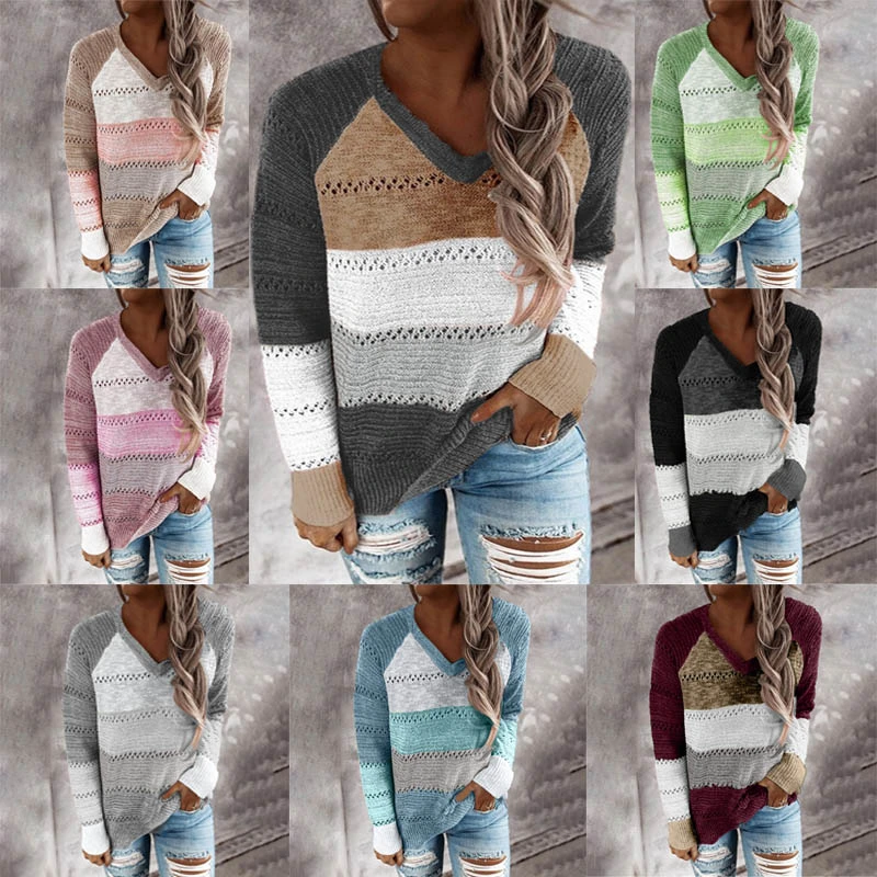 Autumn Or Winter V-Neck Long Sleeve Pullover Colorblock Sweater Top
