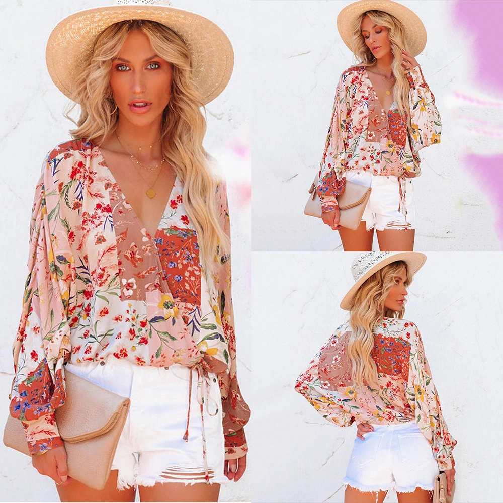 European And American Floral V-neck Long-sleeved Loose Casual Shirt