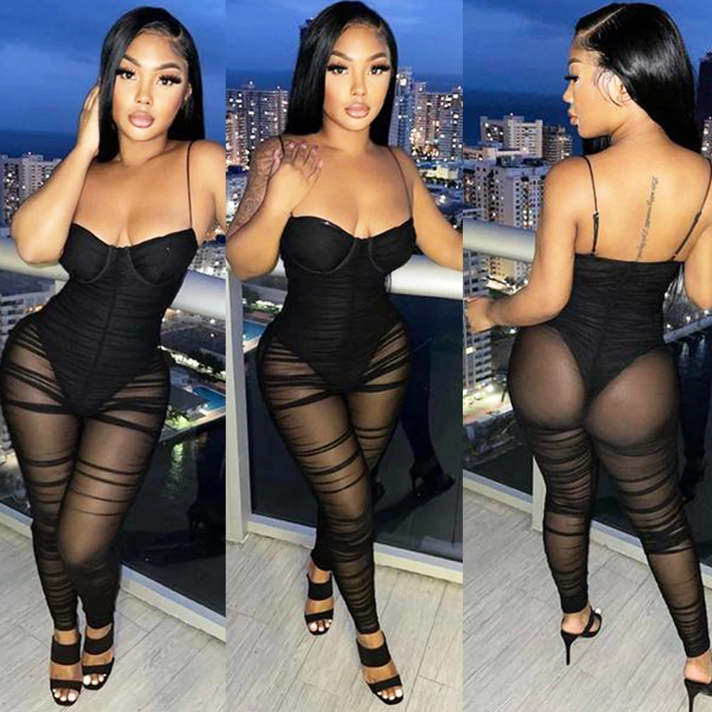 Fashion Sexy Mesh See-Through Suspenders Jumpsuit