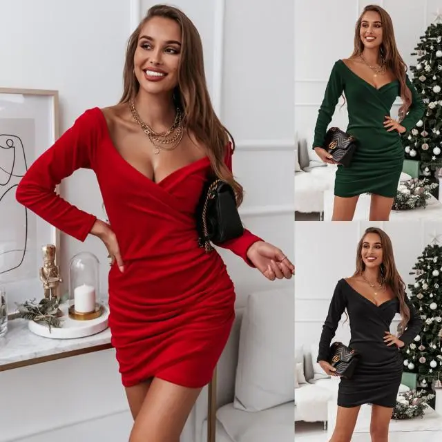 Fashion V-Neck Crossover Long Sleeve Pleated Solid Color Dress