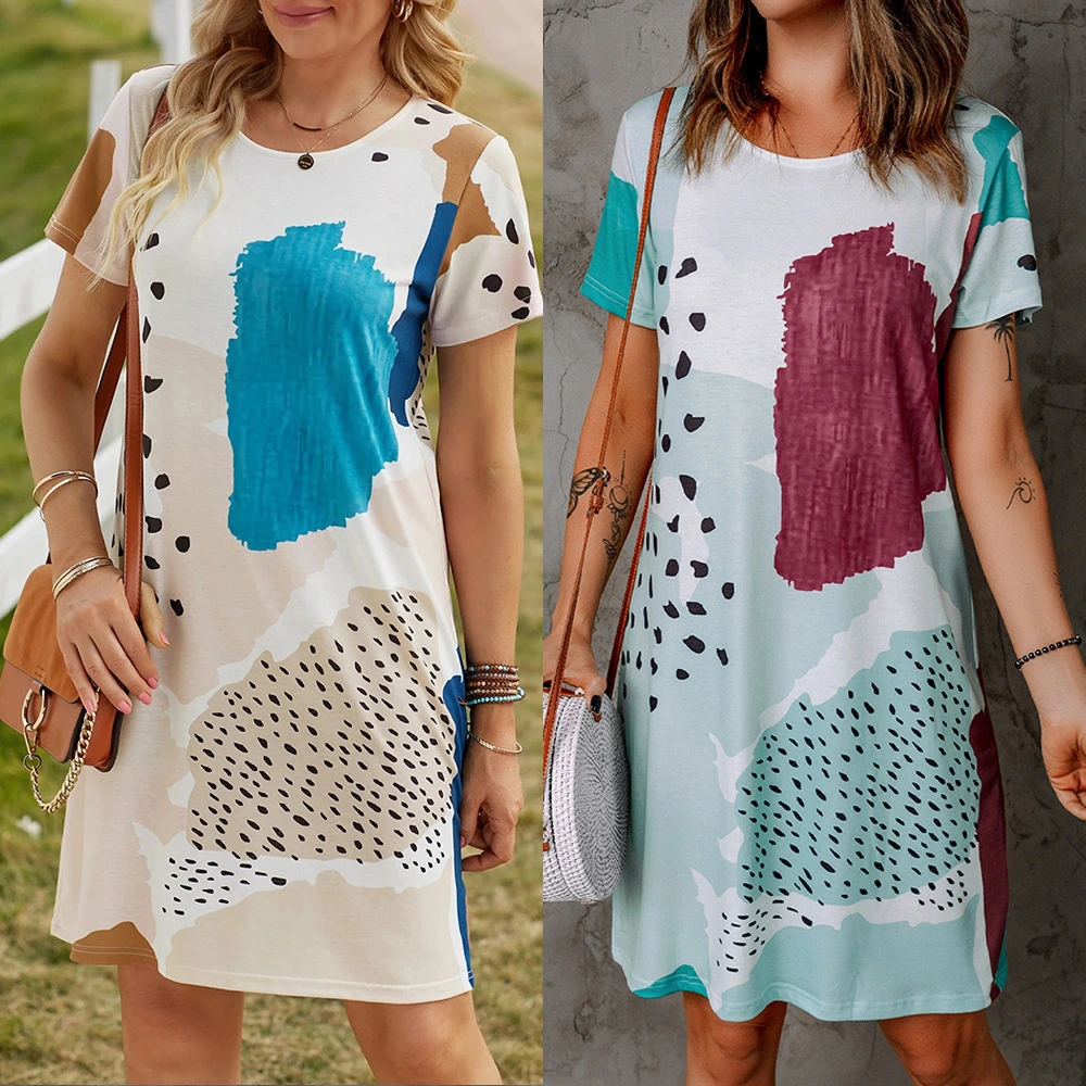 New European And American Fashion Print Round Neck Short Sleeve Casual Dress