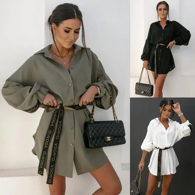 Long Sleeve Neck Waist Tie Shirt Dress