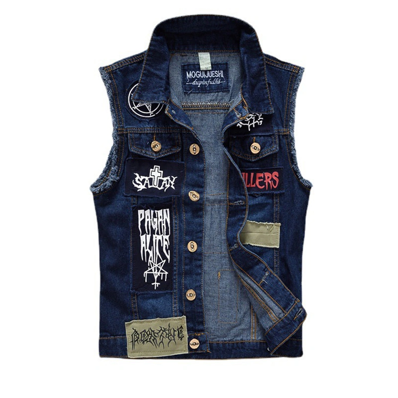 Men's Casual Patch Cowboy Vest Youth  Personality  Blue TOP