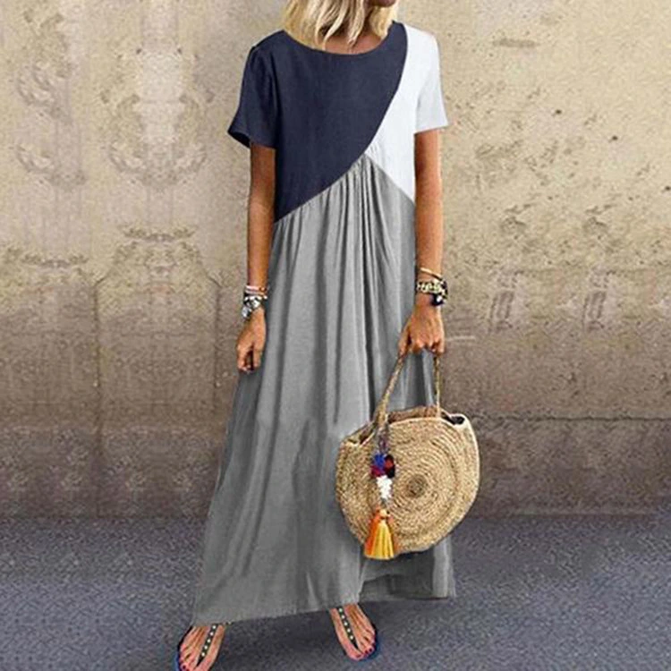 Women's Geometric Patchwork Contrast Irregular Short Sleeve Long Dress