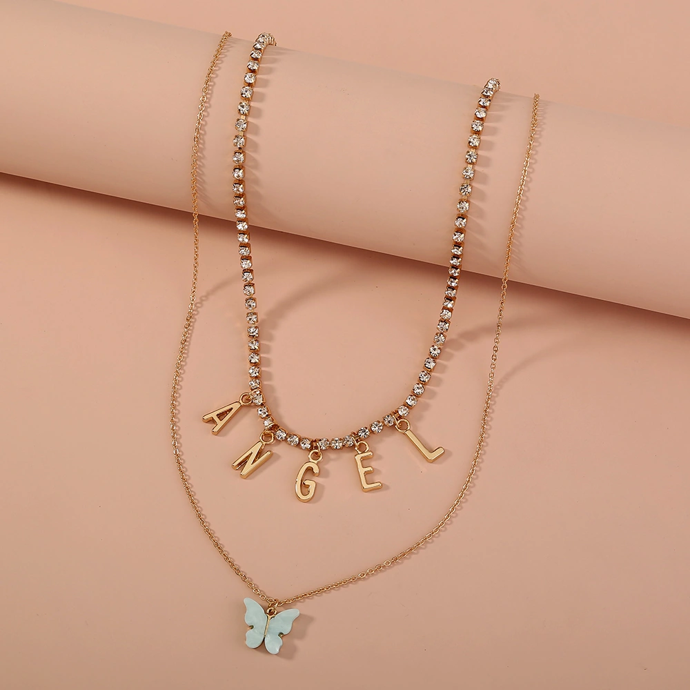 Simple and Fashionable Blue Butterfly Pendant Double Necklace ANGEL Rhinestone Claw Chain Necklace