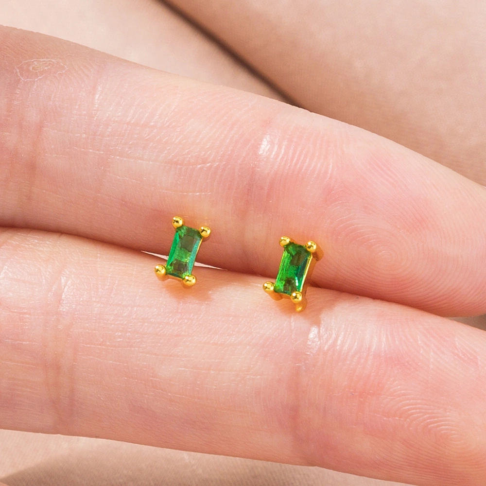 European and American mini rectangular small zircon earrings emerald green cold wind mini temperament earrings earrings