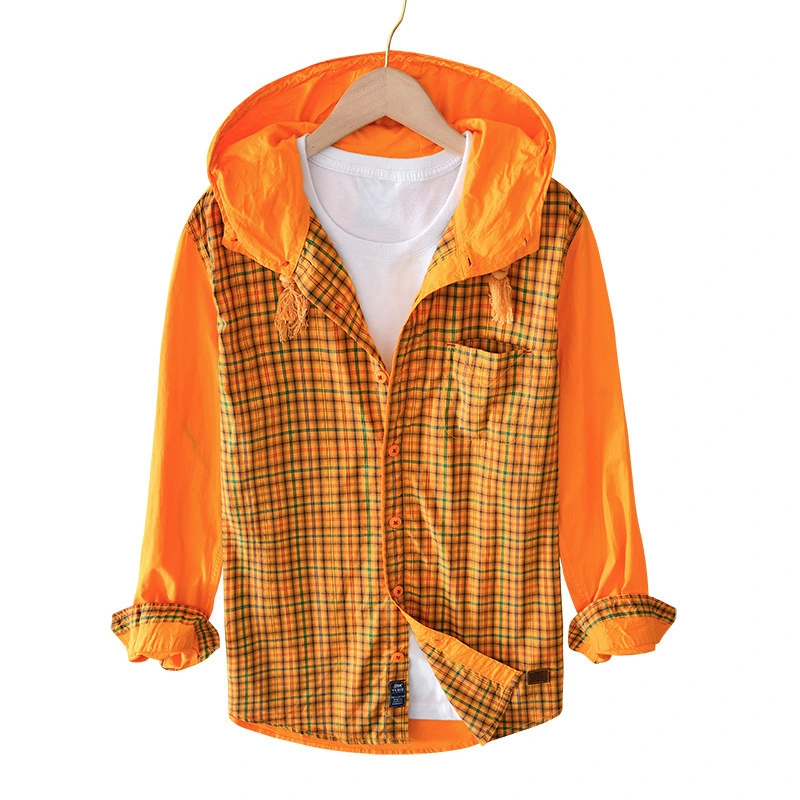 Men's Plaid Hoodie, Long Sleeve  Casual Cardigan Denim Blouse