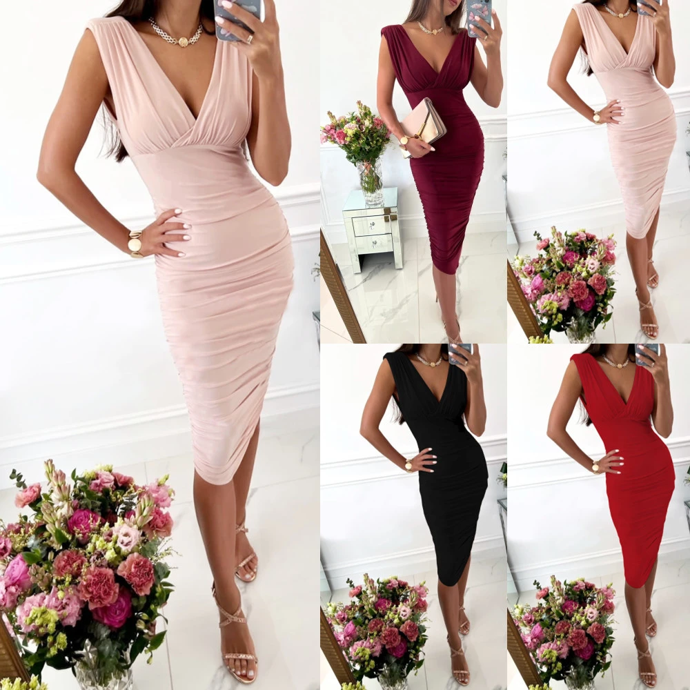 Summer Solid Color Sleeveless V-neck Waist Tight Package Hip Dress
