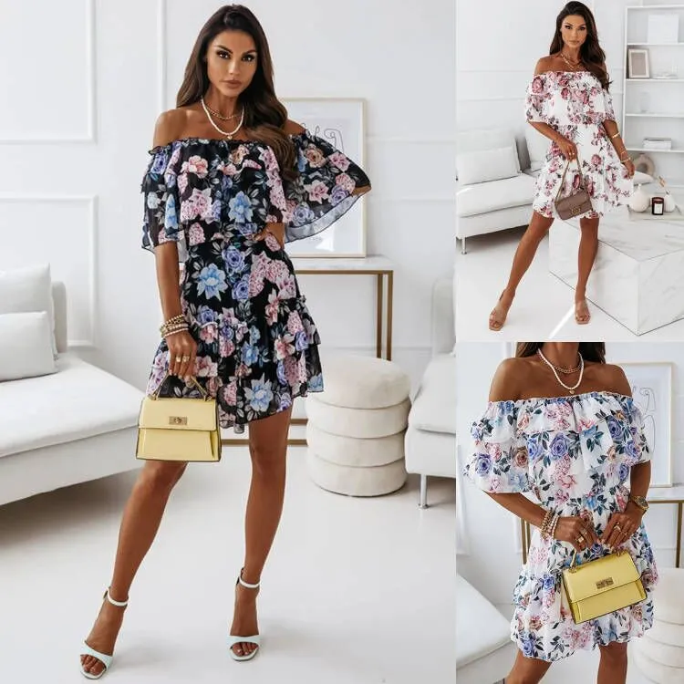 Regular Line Neck Chiffon Print Commuter Waist Dress