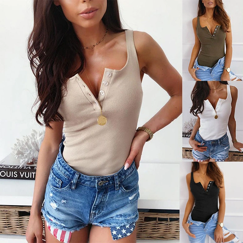 Summer New Women's Tops Solid Color Casual V-neck Button Camisole Women