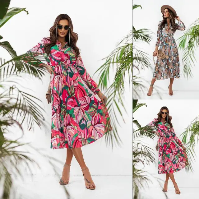 V-Neck Long-Sleeve Nipped Waist Tie-Up Pleated Dress