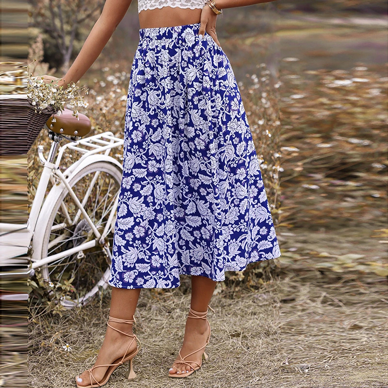 New Spring And Summer Style Bag Hip Print Elastic Waist Chiffon Midi Skirt