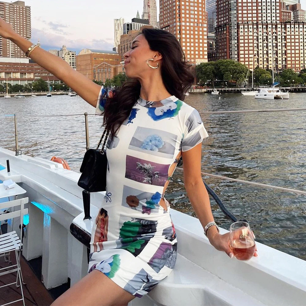 Fashion Short Sleeve Slim Short Skirt Cutout Print Dress