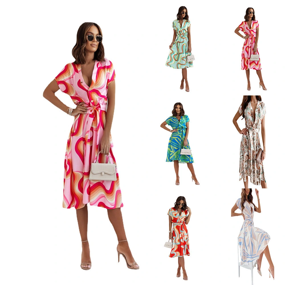 Women's Printed Dress V-Neck Short Sleeves Lace Up Fashionable